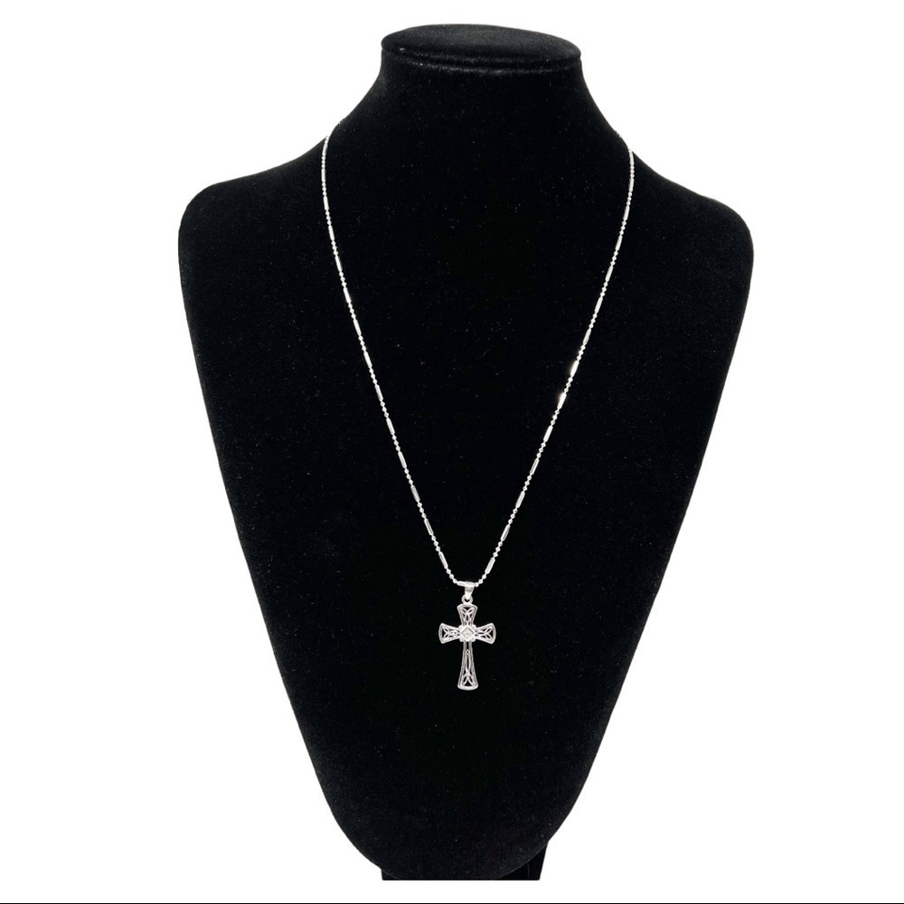 Vintage .925 Sterling Silver RJ Filigree Cross Pendant w Sterling Silver Chain.